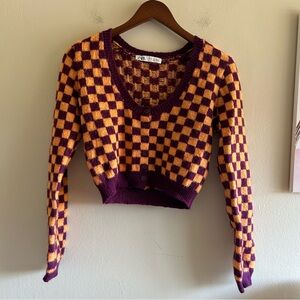 Zara Checkered Knit Cropped Cardigan